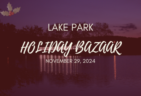 Photo of Lake Park and Pavilion at night with the text "Lake Park Holiday Bazaar November 29, 2024" overlayed on the image