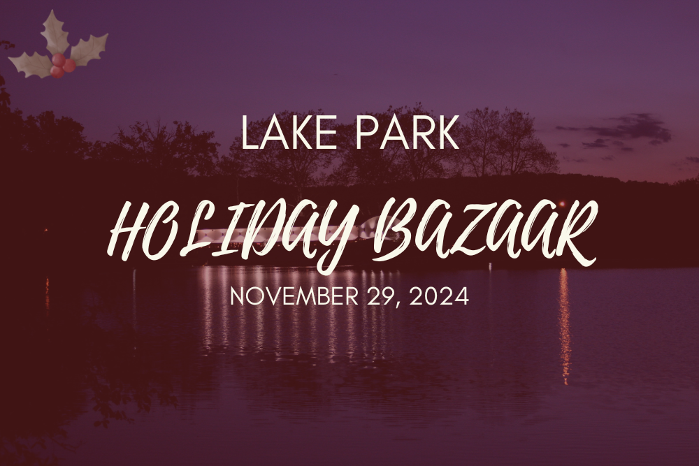 Photo of Lake Park and Pavilion at night with the text "Lake Park Holiday Bazaar November 29, 2024" overlayed on the image